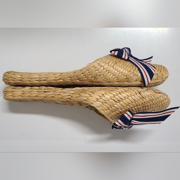 Handmade Natural Rattan Mule Slippers with Red, White & Blue Grosgrain Bow Sz L - Picture 5 of 11